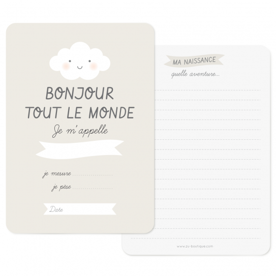 Zü - Carte naissance "BONJOUR" - perle