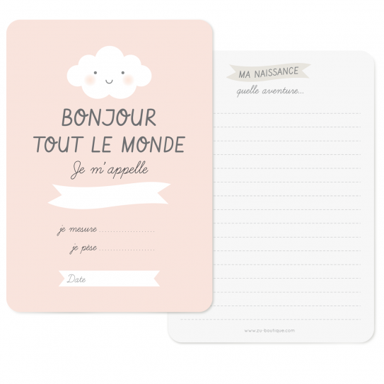 Zü - Carte naissance "BONJOUR" - rose